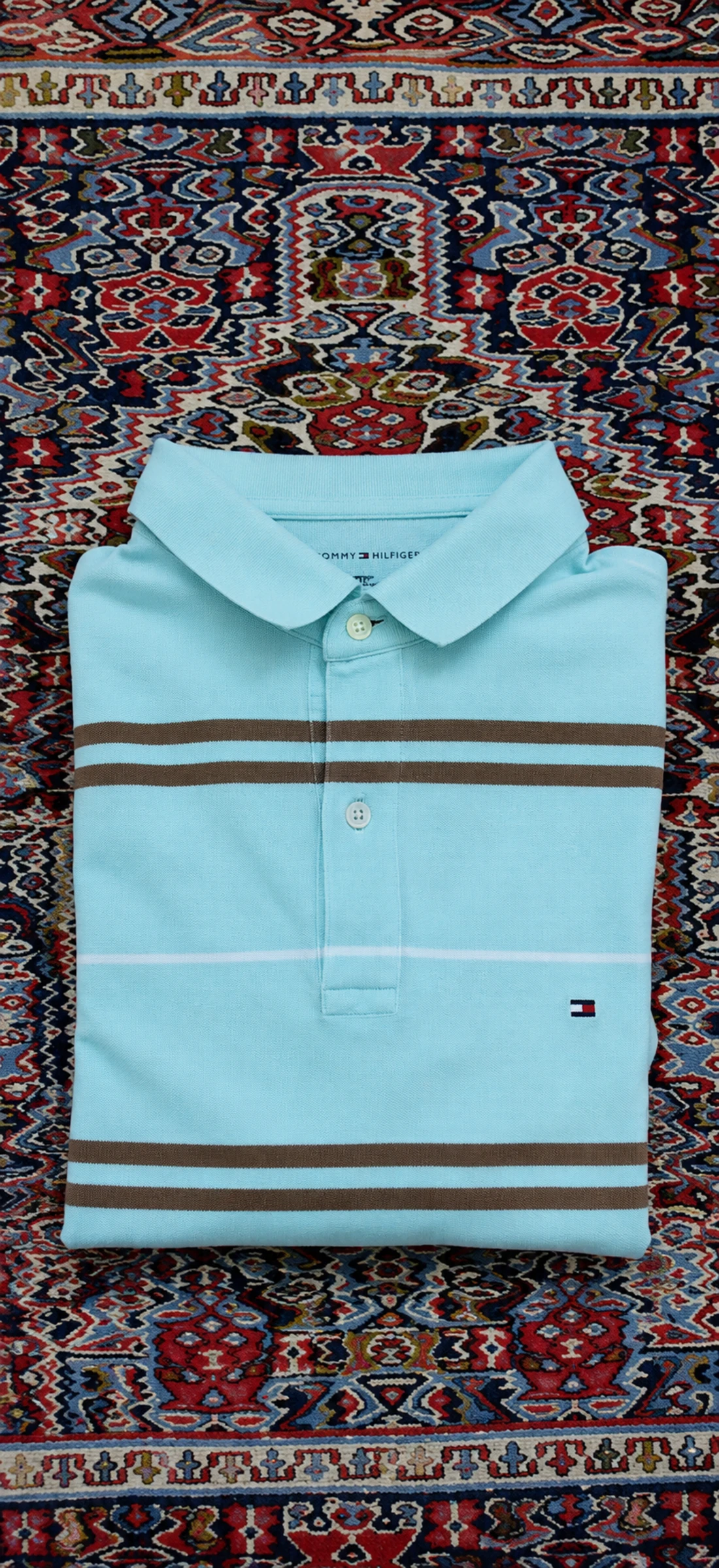 Tommy Hilfiger Polo Masculino Listrado Azul Céu Marrom Tamanho G Vintage Casual Old Money – photo 3